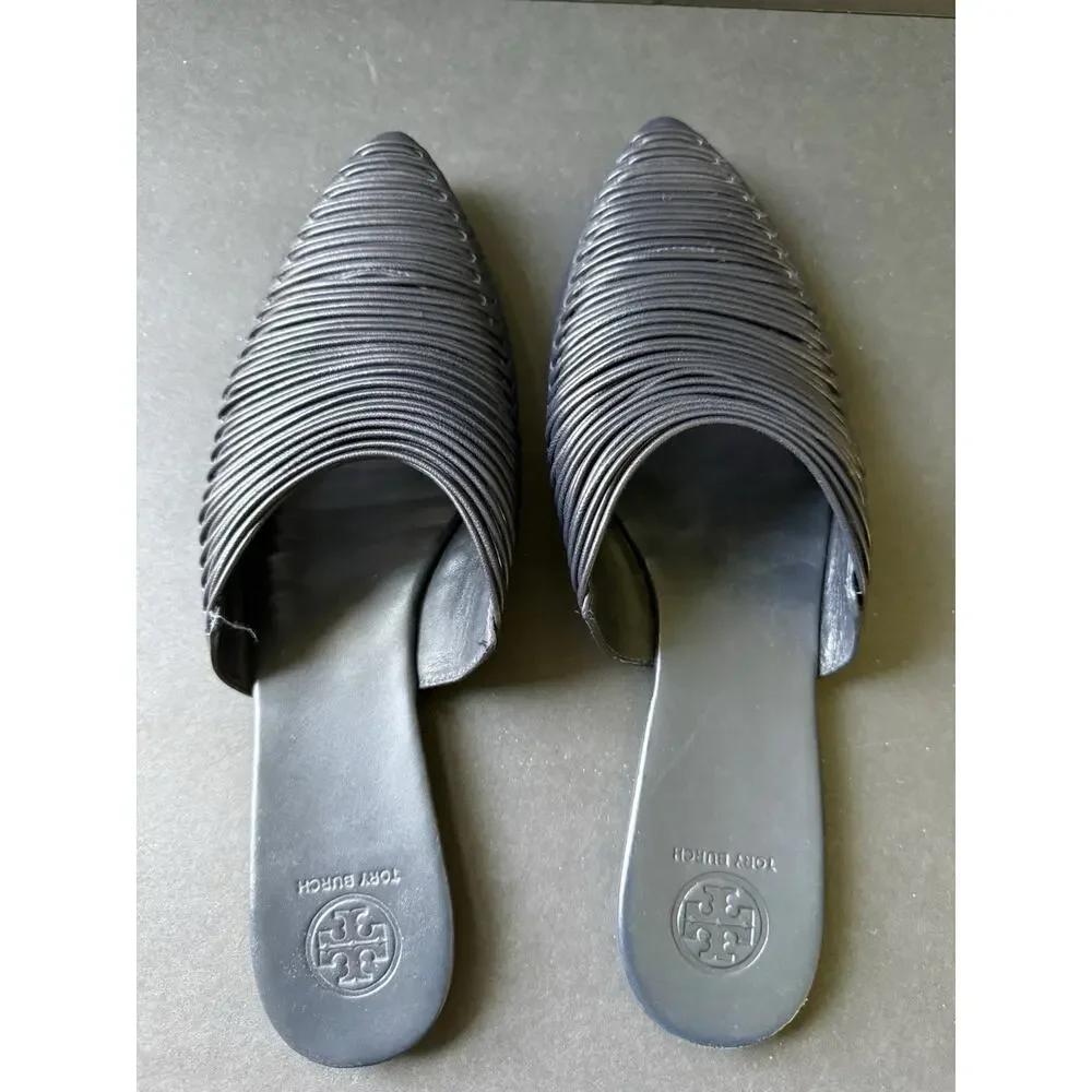 Tory Burch Sienna Mestico Perfect Navy Blue Leather Mule Slide Flats Size 9.5